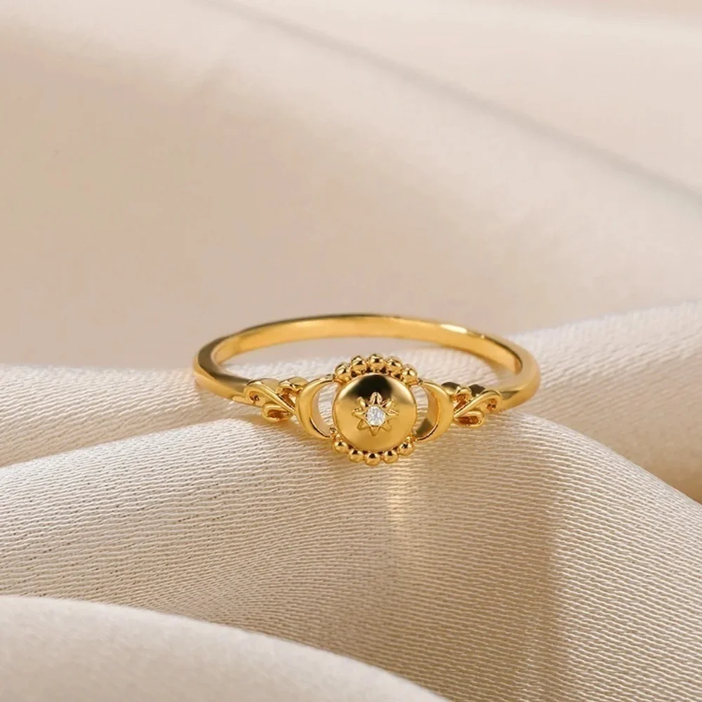 18K Gold Triple Moon Goddess Ring With Diamond Accent
